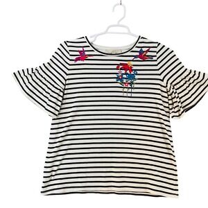 Loft Womens Striped Embroidered Hummingbird Floral Ruffle Sleeve Top Black M